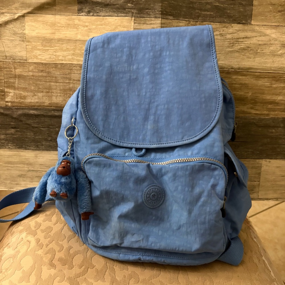Kipling City Pack Medium Backpack Light Blue Crinkle Nylon with Monkey Keychain